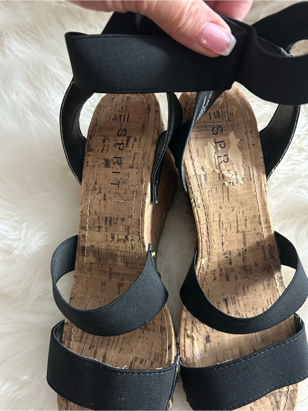 Esprit Black Elastic-Strap Cork Wedge Sandals with Ankle Wrap